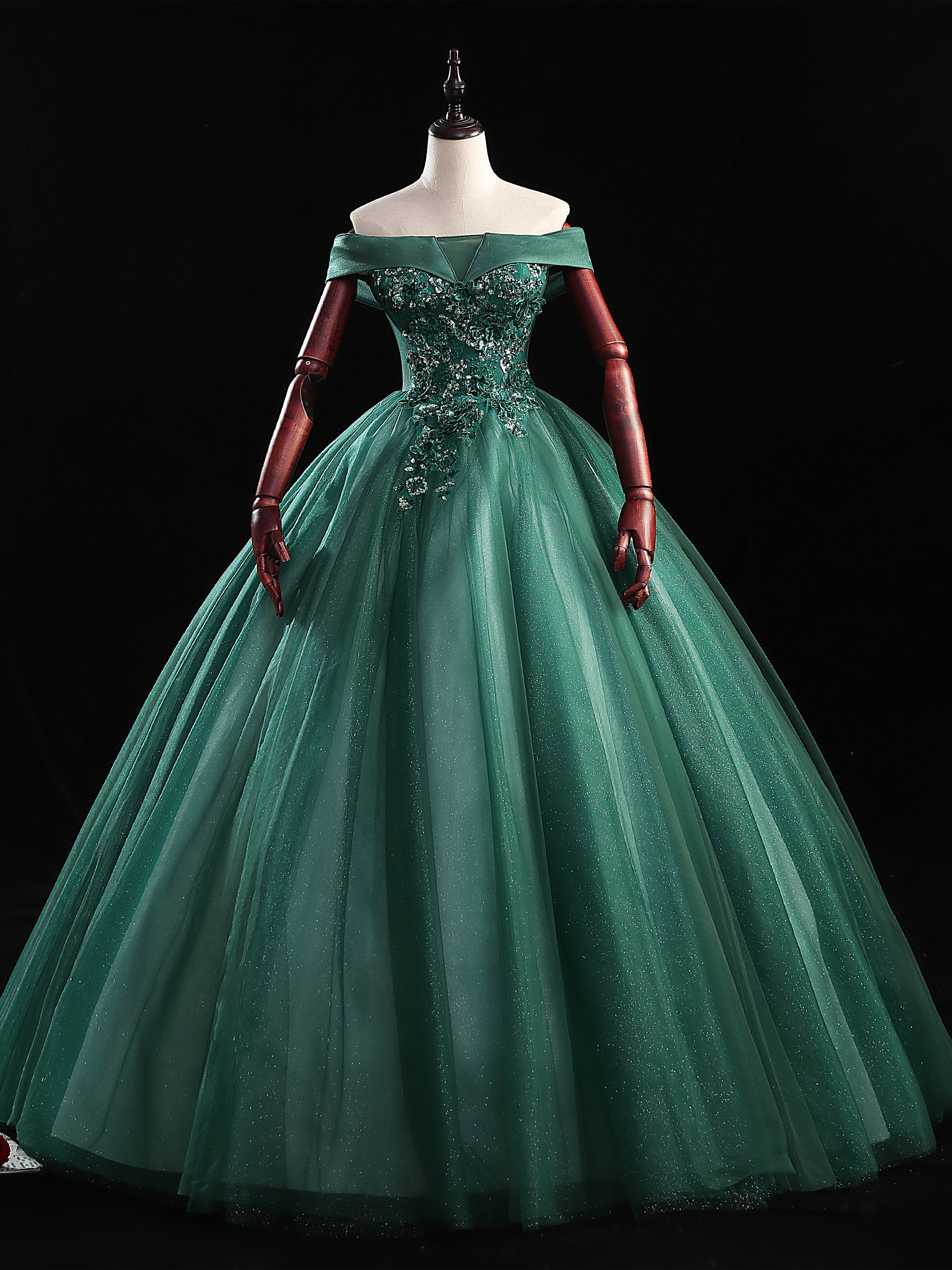 Dark Green Tulle Off the Shoulder Appliques Quinceanera Dress