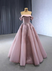 Dark Pink Tullle Strapless Pleats Beading Prom Dress