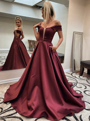 Dark Red A Line Off The Shoulder Long Prom Dress