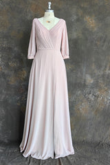 Deep V-neck 1/2 Sleeves Chiffon Max Dresses Side-Slit Floor-Length Bridesmaid Dress