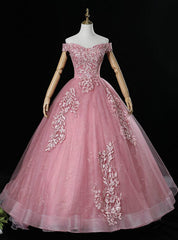 Discover The Latest Pink Ball Gown Tulle Appliques Off the Shoulder Pearls Quinceanera Dress