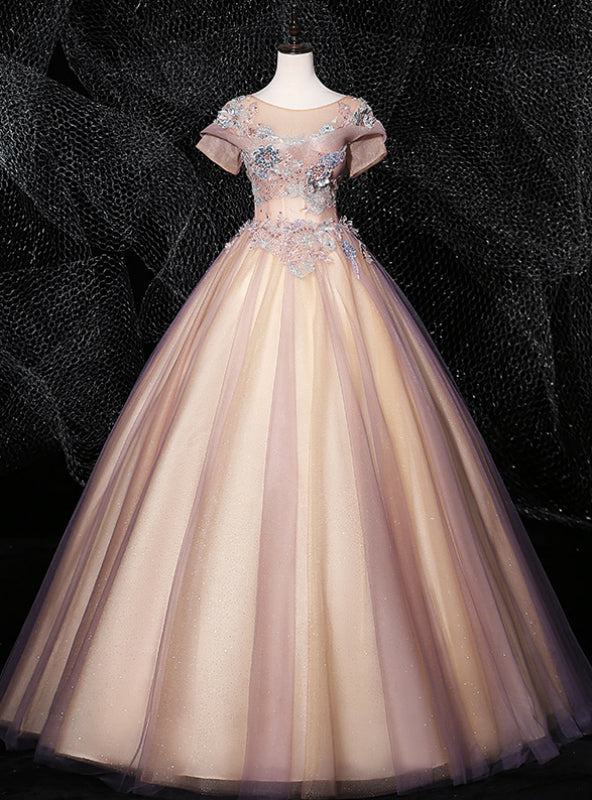 Discover The Latest Pink Ball Gown Tulle Short Sleeve Appliques Pearls Quinceanera Dress