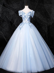 Discover The Latest Sky Blue Ball Gown Tulle Appliques Off the Shoulder Quinceanera Dress