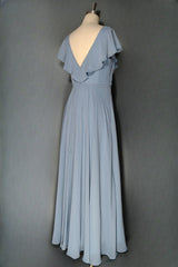 Dusty Blue V-Neck Chiffon Bridesmaid Dress Backless Ruffled Split for Teens A-Line Long Bridesmaid Dresses