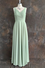 Dusty Sage V Neck Long Chiffon Bridesmaid Dress with Bow