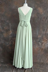 Dusty Sage V Neck Long Chiffon Bridesmaid Dress with Bow