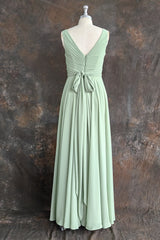 Dusty Sage V Neck Long Chiffon Bridesmaid Dress with Bow