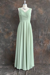 Dusty Sage V Neck Long Chiffon Bridesmaid Dress with Bow