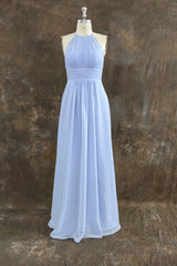 Elegant Chiffon Halter Floor Length Sky Blue Bridesmaid Dress