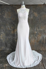 Elegant Halter Court Train Bridesmaid Dresses Chiffon Lace Mermaid Wedding Gown