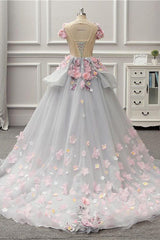 Elegant Lace-up Back Floral Appliques Grey Long Prom Dress