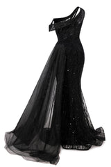 Elegant One Shoulder Black Prom Dresses Sheer Beading Lace Formal Dresses