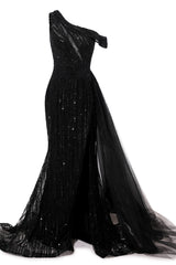 Elegant One Shoulder Black Prom Dresses Sheer Beading Lace Formal Dresses