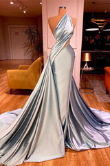 Elegant One Shoulder Mermaid Prom Dress Long Pleated with Beads