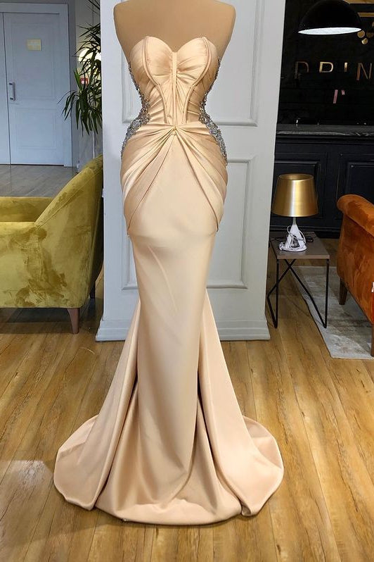 Elegant Sweetheart Champagne Prom Dress Mermaid Long With Crystals