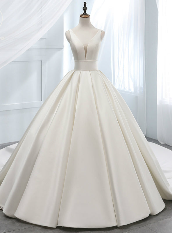 Elegant White Ball Gown Satin V-neck Backless Wedding Dress