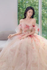 A Line Off the Shoulder Prom Dress with Flowers, Charming Tulle Party Gown