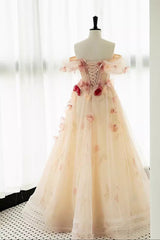 A Line Off the Shoulder Prom Dress with Flowers, Charming Tulle Party Gown