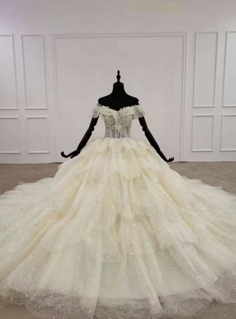 Exquisite Champagne Ball Gown Tulle Sequins Off the Shoulder Appliques Wedding Dress