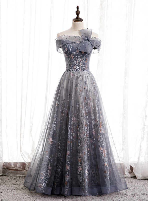 Fashion Gray Tulle Off the Shoulder Beading Prom Dress