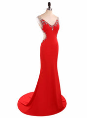 Fashion V Neck Mermaid Satin Lace Beaded Red Long Evening Dresses