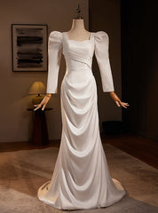 Fashion White Mermaid Long Sleeve Pleats Wedding Dress