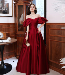 Burgundy satin long prom dress A line evening dress