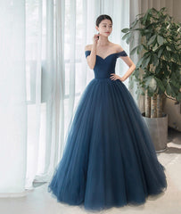 Elegant Tulle Long A-Line Prom Dress, Blue Off the Shoulder Evening Party Dress