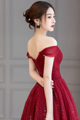 Burgundy Tulle Long Prom Dress A Line Evening Dress