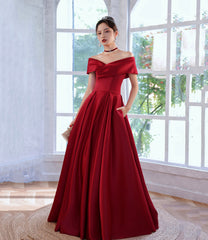 Burgundy satin long prom dress A line evening dress