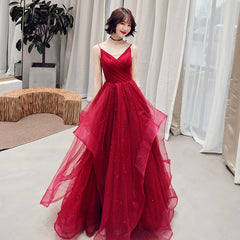 Burgundy v neck tulle long prom dress, formal dress