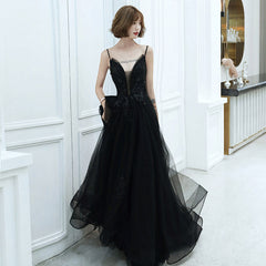 Black v neck tulle beads long prom dress evening dress