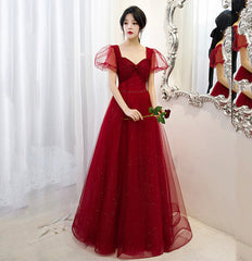 Burgundy tulle long A line prom dress evening gown