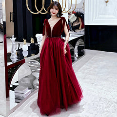 Burgundy velvet tulle long prom dress party dress