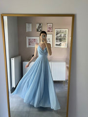 Blue V-Neck Chiffon Strapless Floor Length Prom Dress