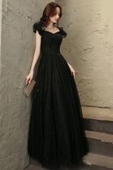 Black tulle beaded long prom dress evening dress