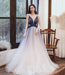 Stylish v neck tulle long A line prom dress blue evening dress