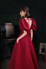 Burgundy satin long prom dress A line evening dress