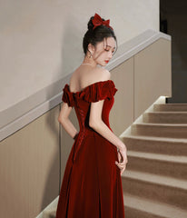 Burgundy Velvet Tea Length Prom Dress, Cute Evening Dress Party Dress