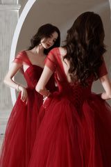 Red tull beads long prom dress A line evening dress