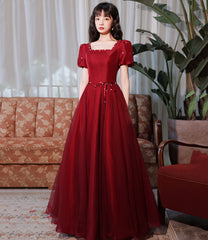 Burgundy satin tulle long prom dress A line evenig dress