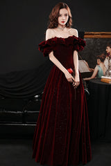 Burgundy vleve long prom dress A line evening dress