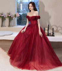 Burgundy tulle beads long prom dress evening dress