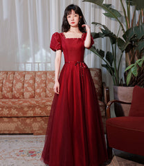 Burgundy satin tulle long prom dress A line evenig dress