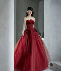 Burgundy tulle sequins long prom dress evening dress