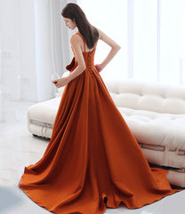 Orange satin long prom dress with bow A line formal dress