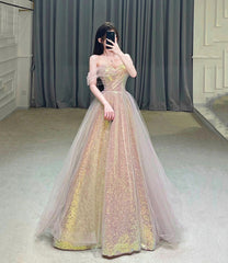 Shiny tulle sequins long prom dress eveing dress