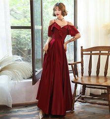 Burgundy satin prom dress simple evening dress