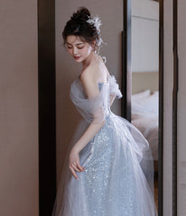 Cute Tulle Sequins Long Prom Dress, Blue A-Line Evening Dress