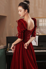 Burgundy velvet long prom dress A-line evening dress